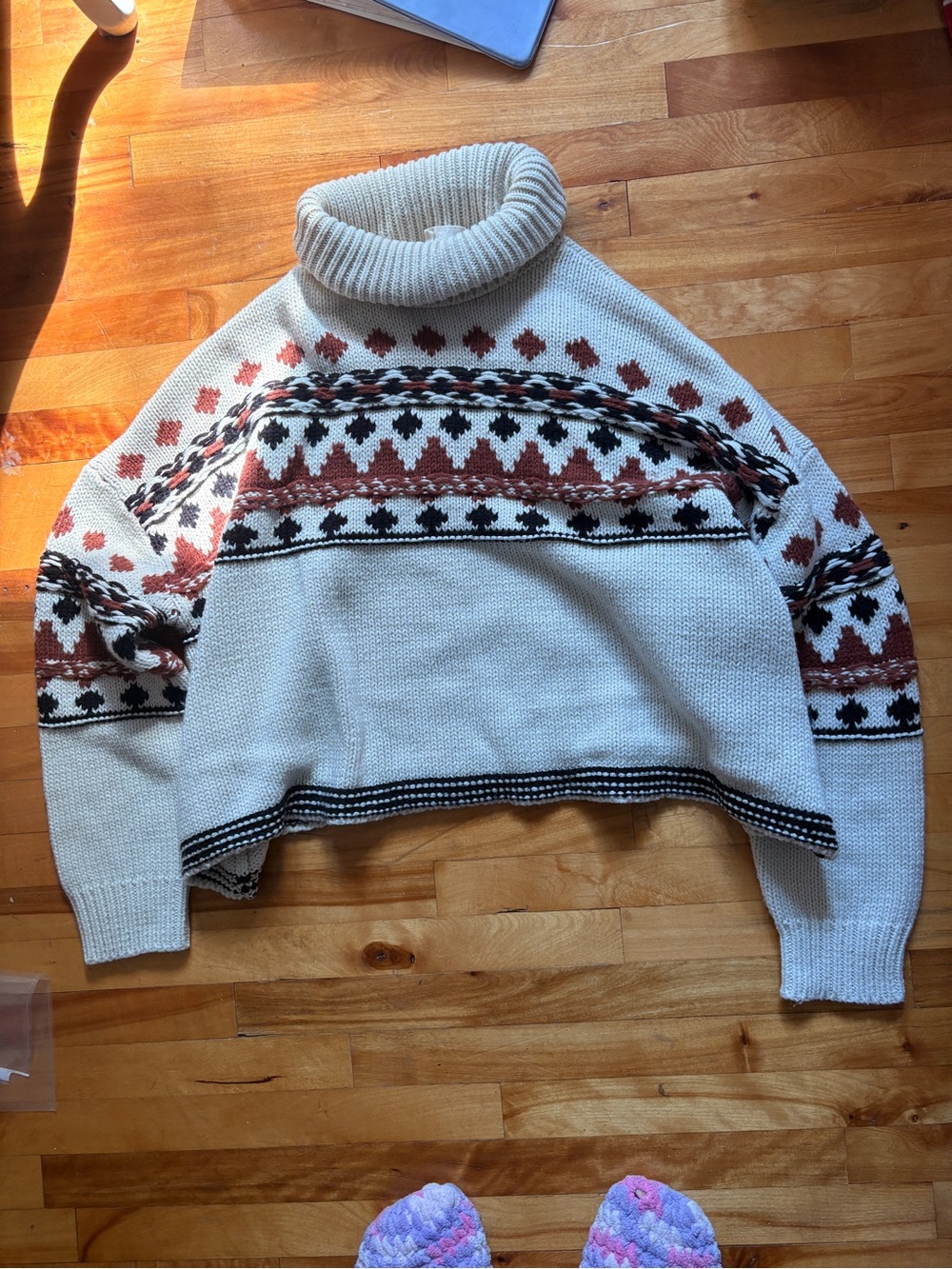 Cream Turtleneck Sweater with Rust Accents